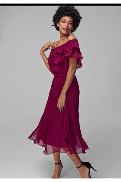 ADASTYLE Kadın Mürdüm Yaka Şifon Hamile Elbise