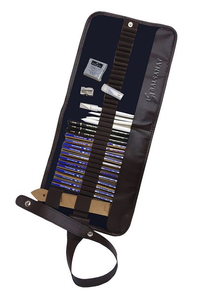BAL SANAT 25 Piece Roll Pen Holder Sketching Set and A5 Notebook