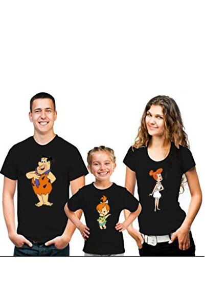 HediyeMania Aile Boyu Baskılı Anne Baba Çocuk Siyah Tişört Çakmaktaşlar (komb...