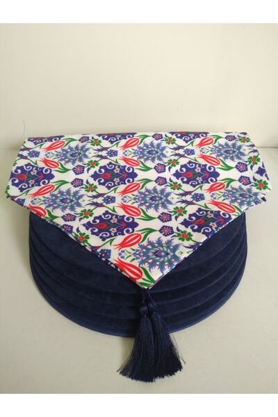 Ayşemce عداء منقوش ببلاط التوليب، 6 لوازم باللون الأزرق الداكن