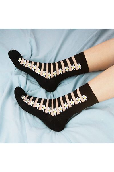 Planet Butik Black Striped Daisy Detailed Transparent Socks