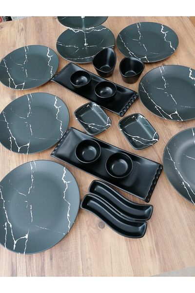 Keramika Set Breakfast Matte Black Marble Pattern 19 Pieces for 6 People