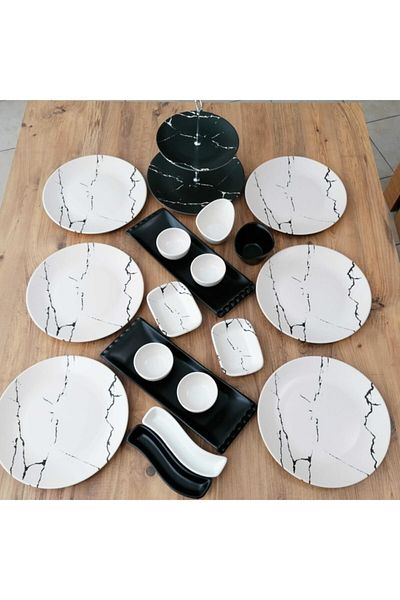Keramika Matte Cream Marble Pattern Breakfast Set 19 Pieces for 6 People
