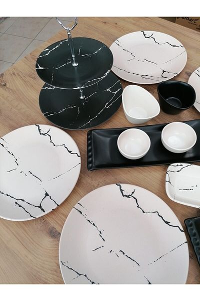 Keramika Matte Cream Marble Pattern Breakfast Set 19 Pieces for 6 People