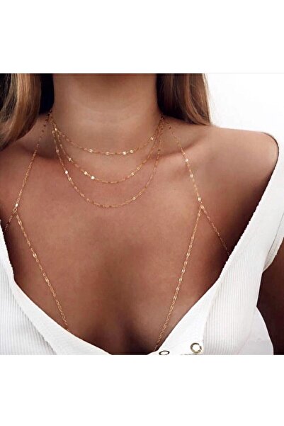 Classy Gold Üçlü Zincir Kolye Ve Üçgen Model Vücut Aksesuarı Set