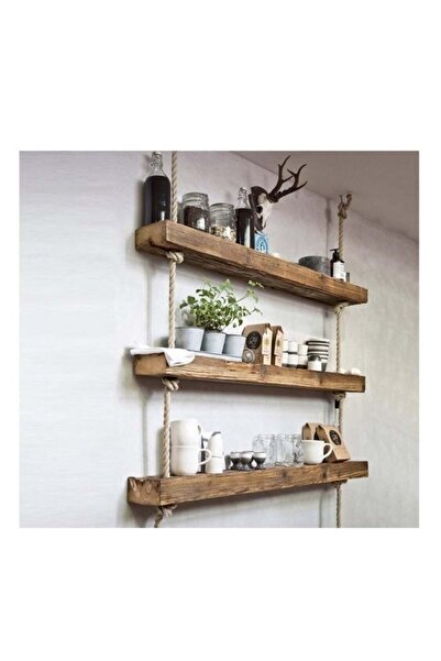 Flaş Group Halatlı Raf Ahşap Duvar Rafı 3 Lü Halatlı Duvar Rafı Kitaplık