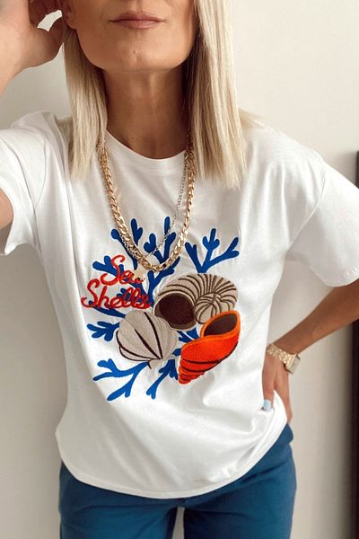 FEMELLE Tricou alb din bumbac cu broderie scoici de damă