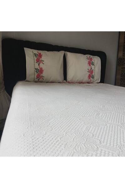 Yavuz Tekstil Çift Kişilik Kanaviçe Işlemeli Pike Takımı-pembe