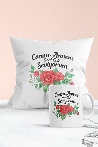 Mykupa Canım Annem Seni Çok Seviyorum Baskılı Hediyelik Yastık ve Kupa Seti