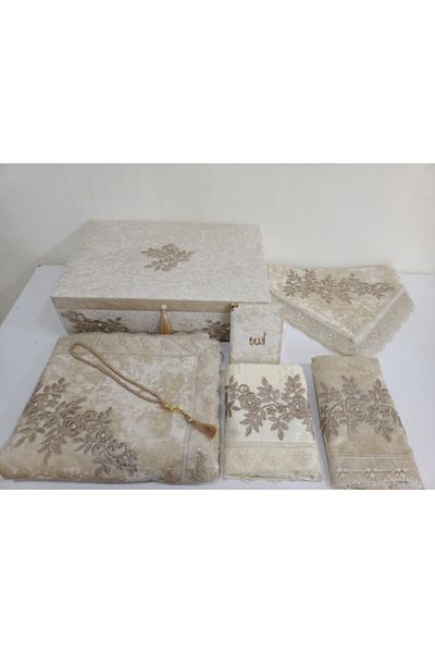 Lamazihome Velvet 7 Piece Cappucino French Guipure Prayer Rug Set with Storage Box Set