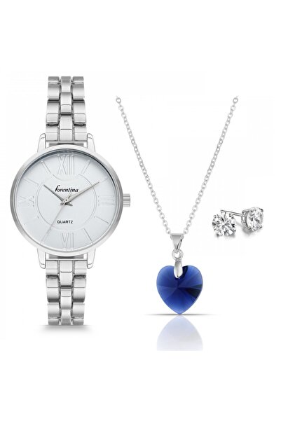 Forentina Kadın Gri Metal Kol Saati - Kristal Kolye Küpe Kombin Set - Ps180700tr