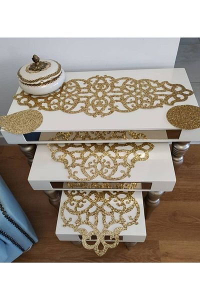 SEHARA 1 τεμ 70x26 Runner, 2 τεμ. 29x38cm Φωλιασμένος (SEHPA) Κάλυμμα/δερματίνη Σετ Τραπεζάκι σαλονιού/3 τεμάχια/χρυσό