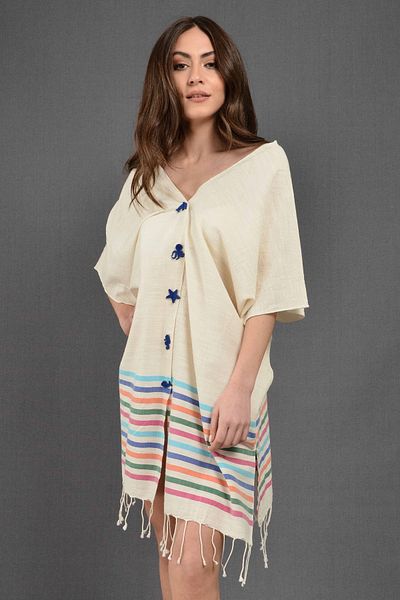 Dosimira Two Piece Rainbow Striped Felt Detailed See-through Natural 100% Cotton Pareo / Beach Dress
