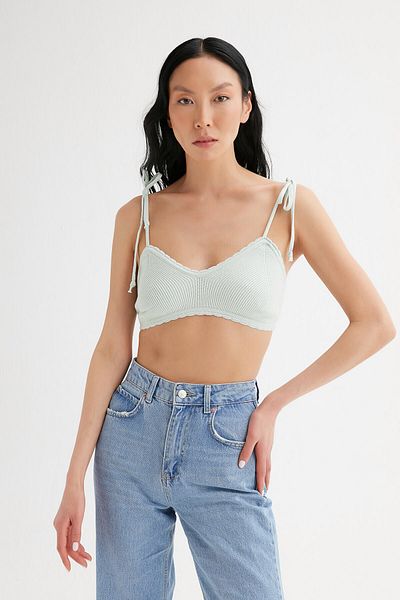 Açelya Okcu Πράσινο δεμένο ώμο Crop Knitwear Γυναικείο κορμάκι
