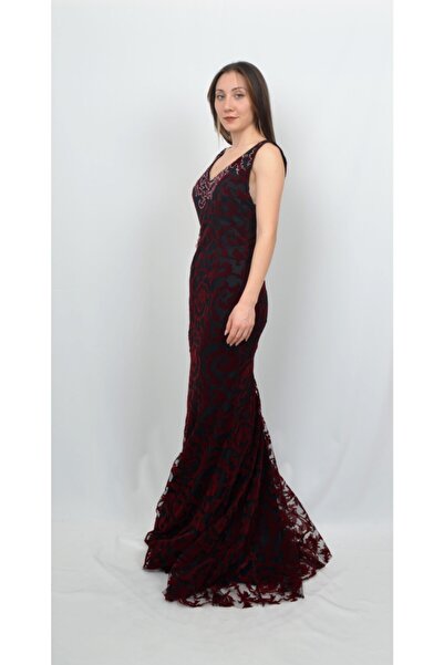 ALİS DRESS Kadın Bordo Flok Baskılı Abiye Elbise