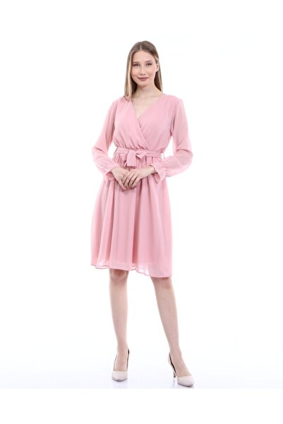 Apple Cix Kadın Pudra Düz Şifon Kısa Elbise