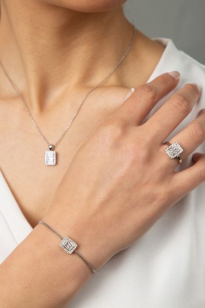 Elika Silver Women's Baguette Jewelled Necklace Ring Bracelet Set