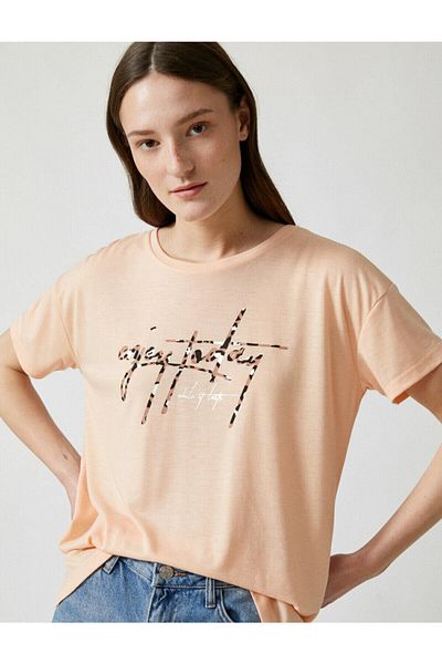 Koton Γυναικείο T-Shirt Pink Slogan Crew Neck