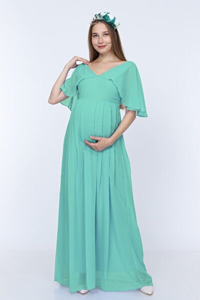 MODA LABİO Kadın Mint Yeşili Melek Kol Hamile Elbisesi