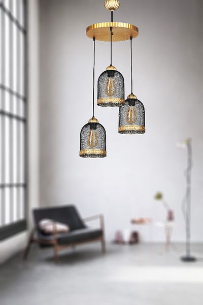 VENON Güven Chandelier Gardenia 3-Piece Pendant Lamp Case Black Gold Chandelier