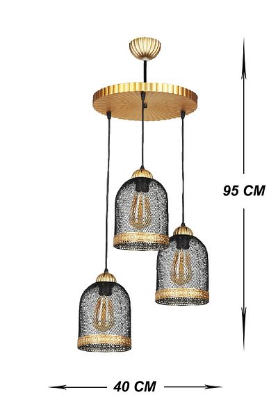 VENON Güven Chandelier Gardenia 3-Piece Pendant Lamp Case Black Gold Chandelier