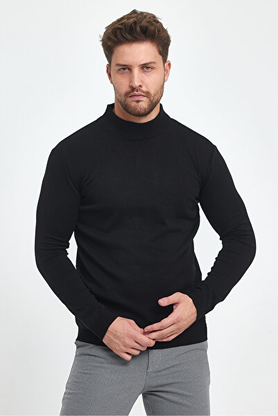 MODAMESTO Pulover negru pentru bărbați, slim fit, cu jumătate de gât țesut