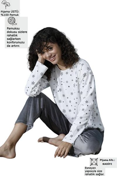 bie's Gray White Snowflake Crew Neck Low Shoulder Interlock Cotton Top Velvet Bottom Pajama Tracksuit Set