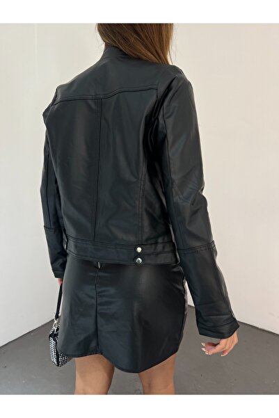 Modamorfo Leather Jacket with Side Zipper Pocket Detail