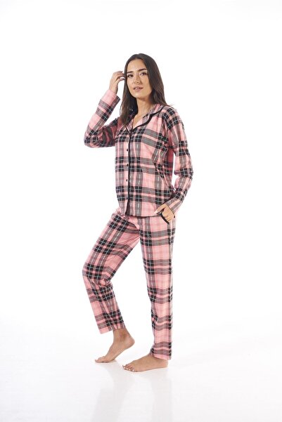 Estiva 21365 Women's Shirt Collar Pink Checked Front Buttoned Pajama Set