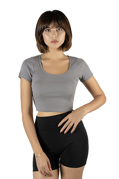 BUCADO Tricou crop cu mânecă scurtă, cu decolteu gri pentru piscină