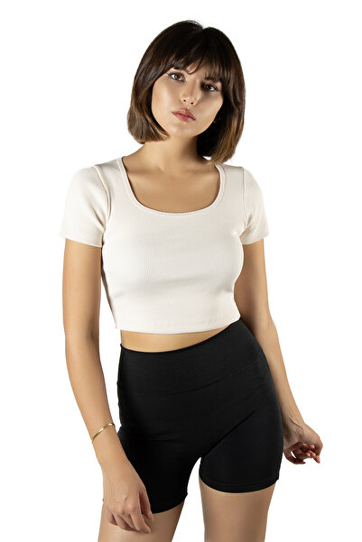 BUCADO Krem Havuz Yaka Fitted/vücuda Oturan Kısa Kol Crop Tişört