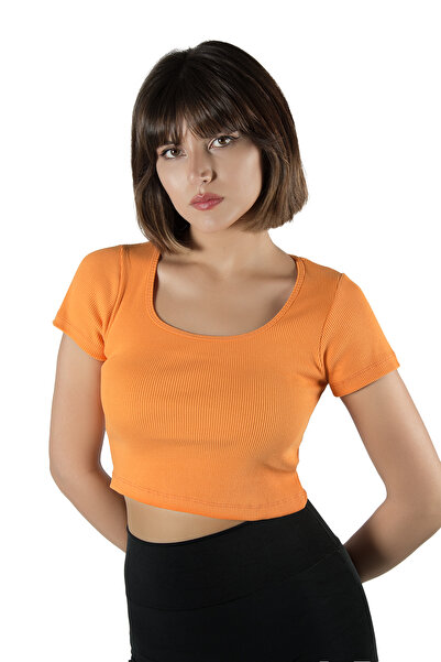 BUCADO Tricou crop cu mânecă scurtă, cu decolteu portocaliu