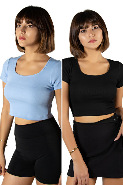 BUCADO Pachet de 2 tricou crop cu mânecă scurtă, albastru, negru