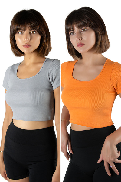 BUCADO Pachet de 2 tricou crop cu mânecă scurtă, gri deschis, portocaliu