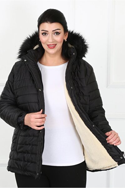 By Alba Collection Women's Black Wool Curly Puffer Jacket