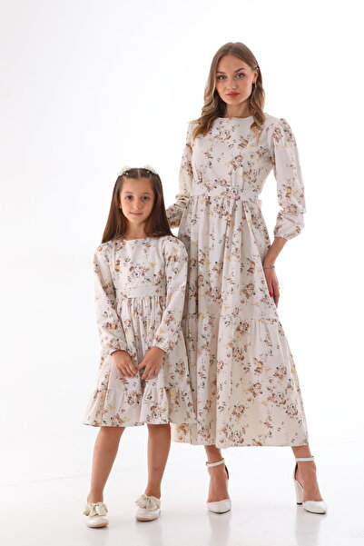 Moda Lippa Кафяв хиджаб с шарки на цветя Комбинация майка и дъщеря (Единична цена)