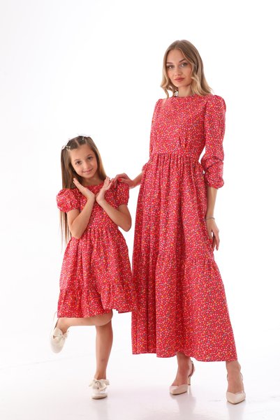 Moda Lippa Çiçek Desenli Kırmızı Tesettür Anne Kız Çocuk Kombini (Tekli Fiyattır)