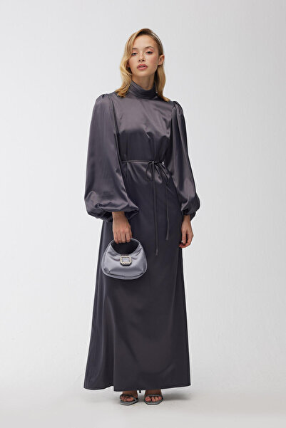 Manuka Balloon Sleeve Satin Evening Dress Anthracite