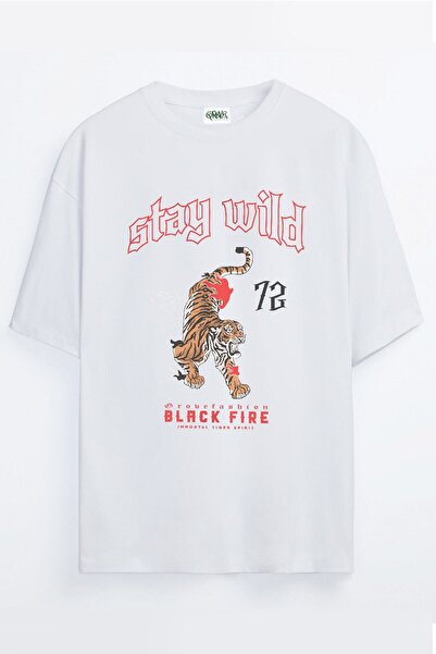 Grove Fashion تي شيرت Wild Kal Stay Wild Tiger مطبوع للجنسين مقاس كبير