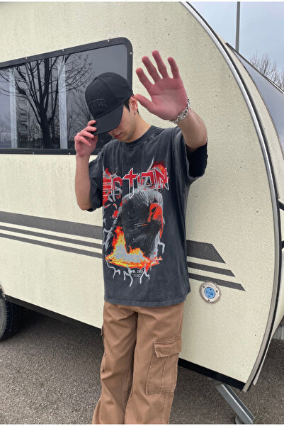 serline Eagle Printed Acid Wash Oversize T-shirt