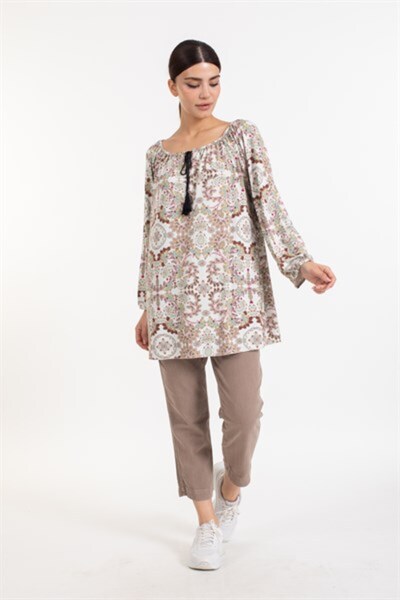 Villager&Son Vs Önü Püsküllü Kapri Kol Tshırt Krem/desenli