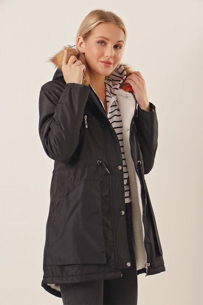 HAKKE Women's Hooded Pocket Snap Fastener Furry Coat