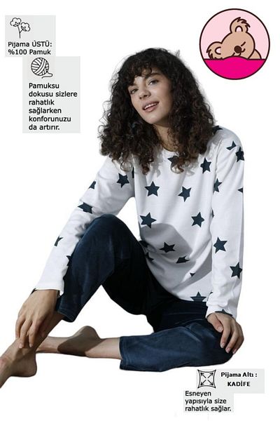 bie's Set de trening pentru pijama cu stea alb-petrol, cu gât rotund, cu umeri jos, din bumbac interlock, cu fundul din catifea