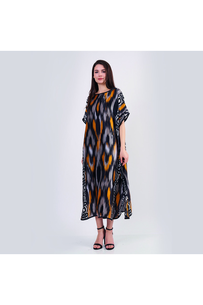 Nomads Felt Saf İpek Uzun Elbise | Siyah-Gold İkat Desen | Nomads Felt