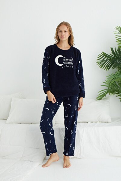 Estiva Дамски комплект пижама от флийс с мотив „Зимна луна“ в големи размери