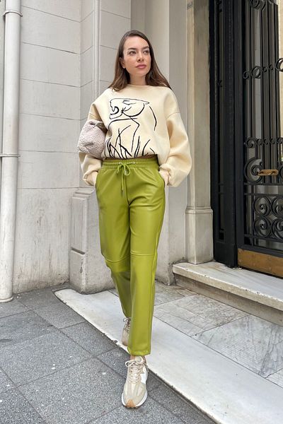 MAGARDE Elastic Waist Pieced Leather Trousers - GREEN