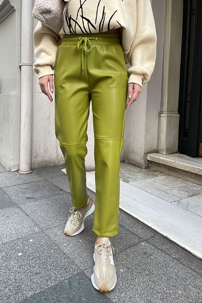 MAGARDE Elastic Waist Pieced Leather Trousers - GREEN