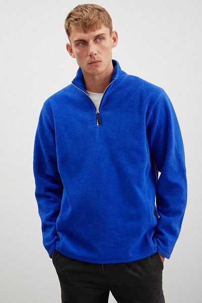 GRIMELANGE Hayes Herren-Fleece-Halbreißverschluss mit Lederzubehör, dickes, strukturiertes Comfort-Fit-Saks-Blau-Fleece