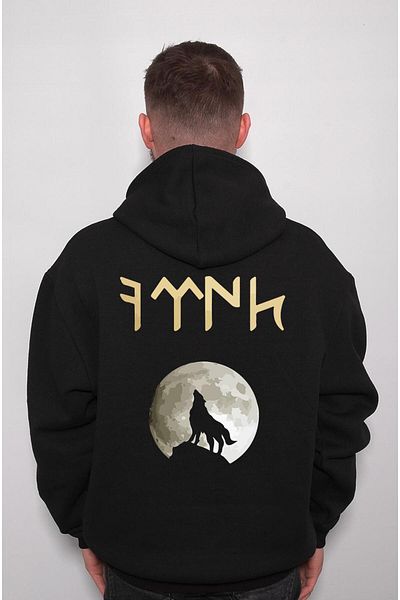BIGROON Hanorac cu glugă unisex Grey Wolf Wolf turcesc cu lună plină Gokturkish