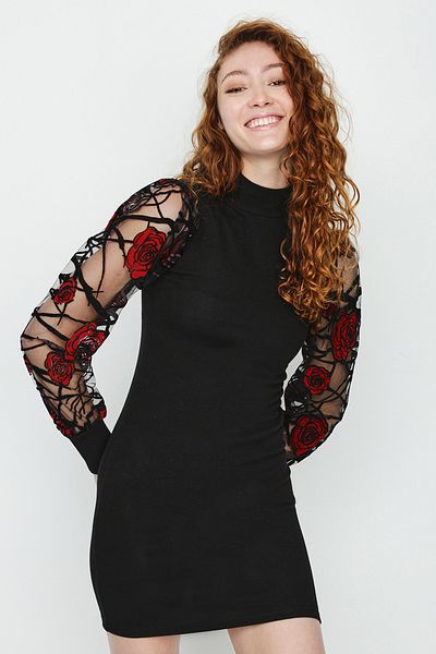 Select Moda Women's Black Turtleneck Organza Sleeve Ribbed Dress